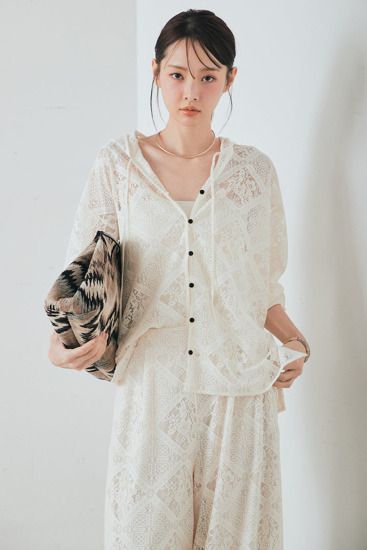 [SET]ブロックレースフード付きブラウス+リラックスブロックレースワイドパンツ(2set)