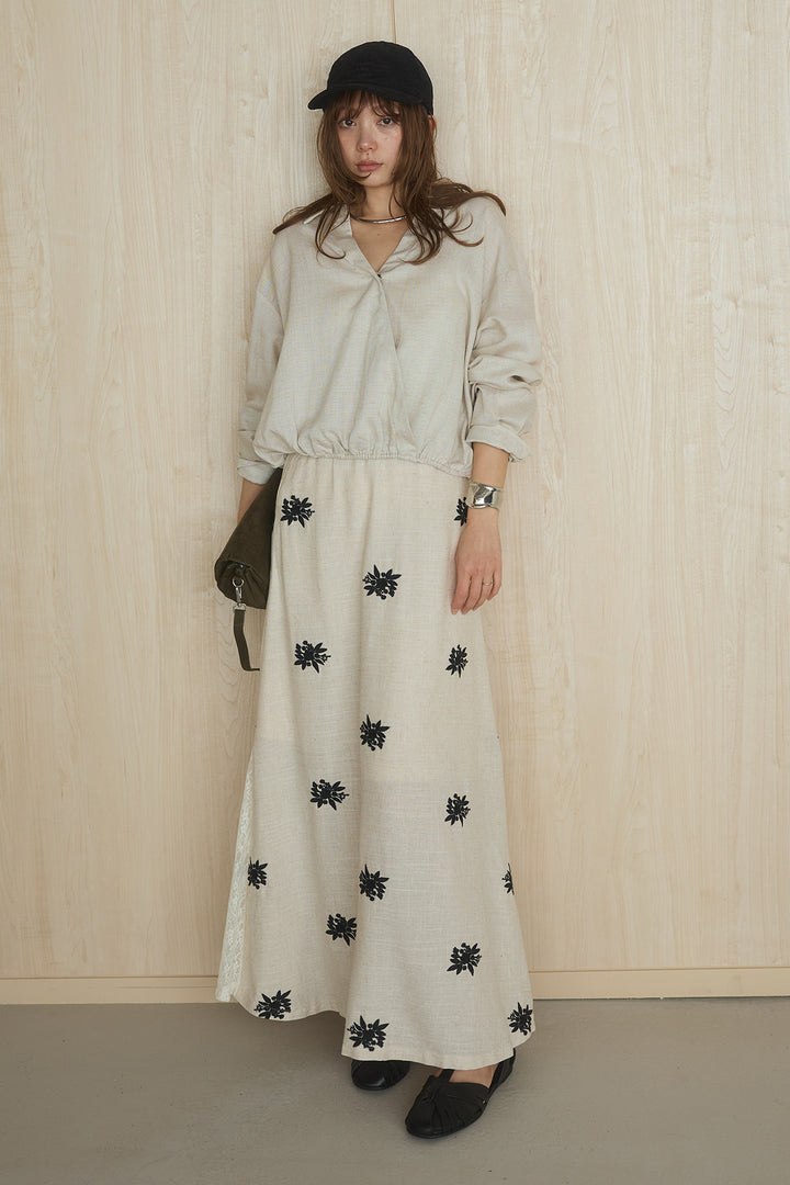 [SET]麻混襟付きトップス+レースコンビフラワー刺繍柄スカート(2set)