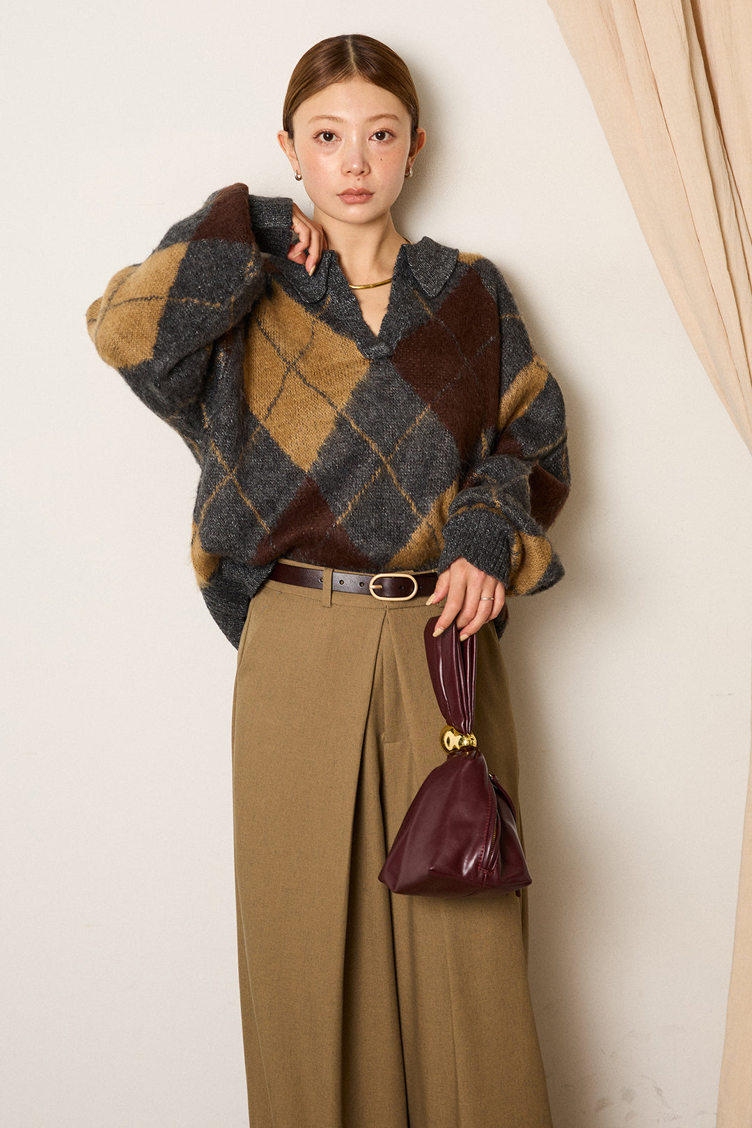 [SET]アクリルモヘアアーガイルキーネックプルオーバー+フロントワイドタックネップ入ワイドパンツ(2set)