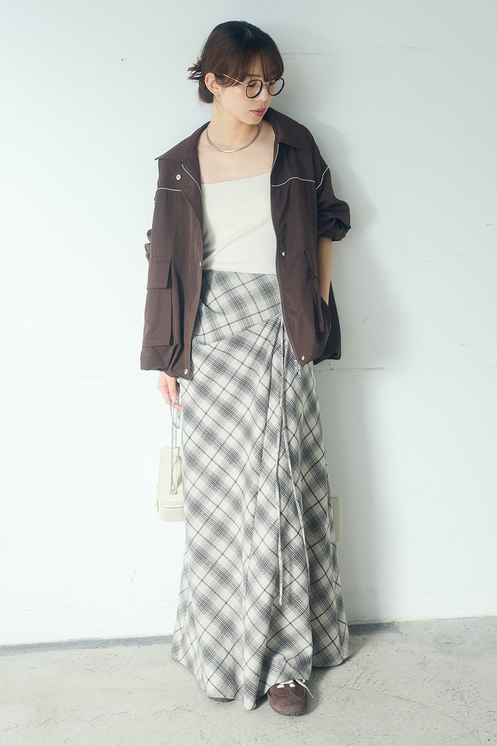 [SET]合繊ツイルバルーンジャケット+タータンチェック柄フロントデザインスカート(2set)