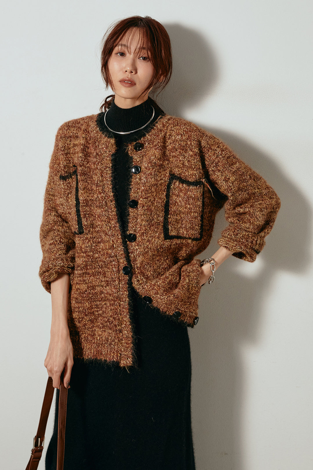 [SET]ミックスニットポケットカーディガン+ノースリーブニットロングワンピース(2set)