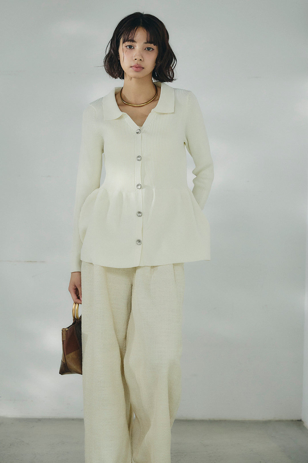 [SET]スキッパーペプラムニット+デニムライクヘリンボーンタックパンツ(2set)