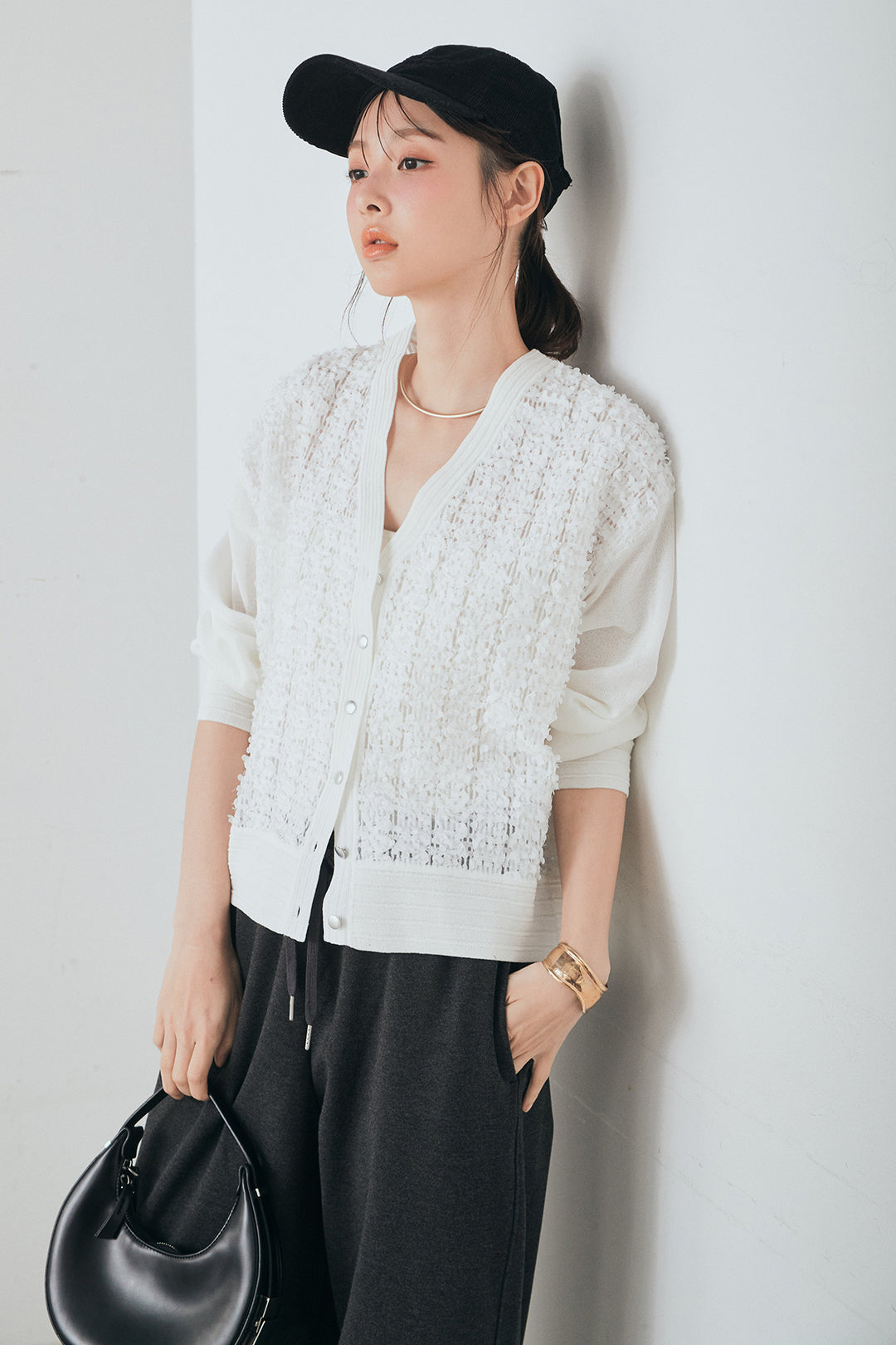 [SET]モコレースVネックカーディガン+カットダンボールウエストフリルカーブパンツ(2set)