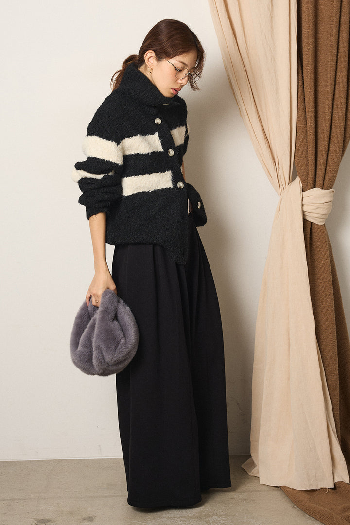 [SET]ハイネックボーダーニットカーディガン+フェイクレザー太ベルト付きタックワイドパンツ(2set)