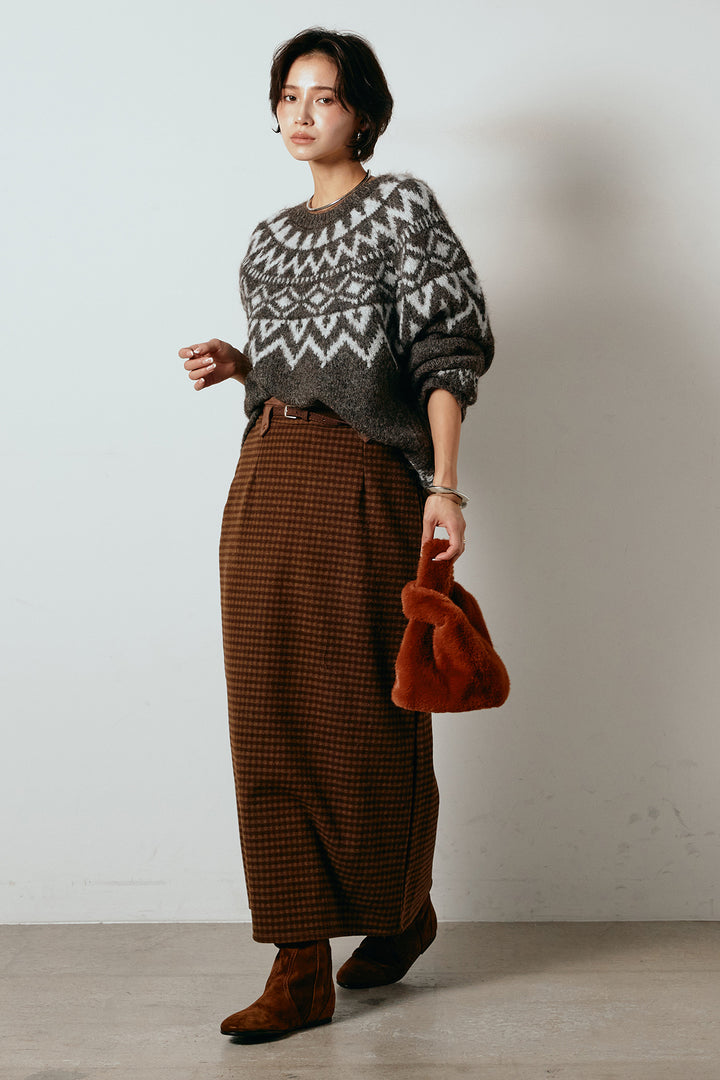 [SET]ノルディック柄Uネックプルオーバー+スエード調ベルト付きチェックナロースカート(2set)