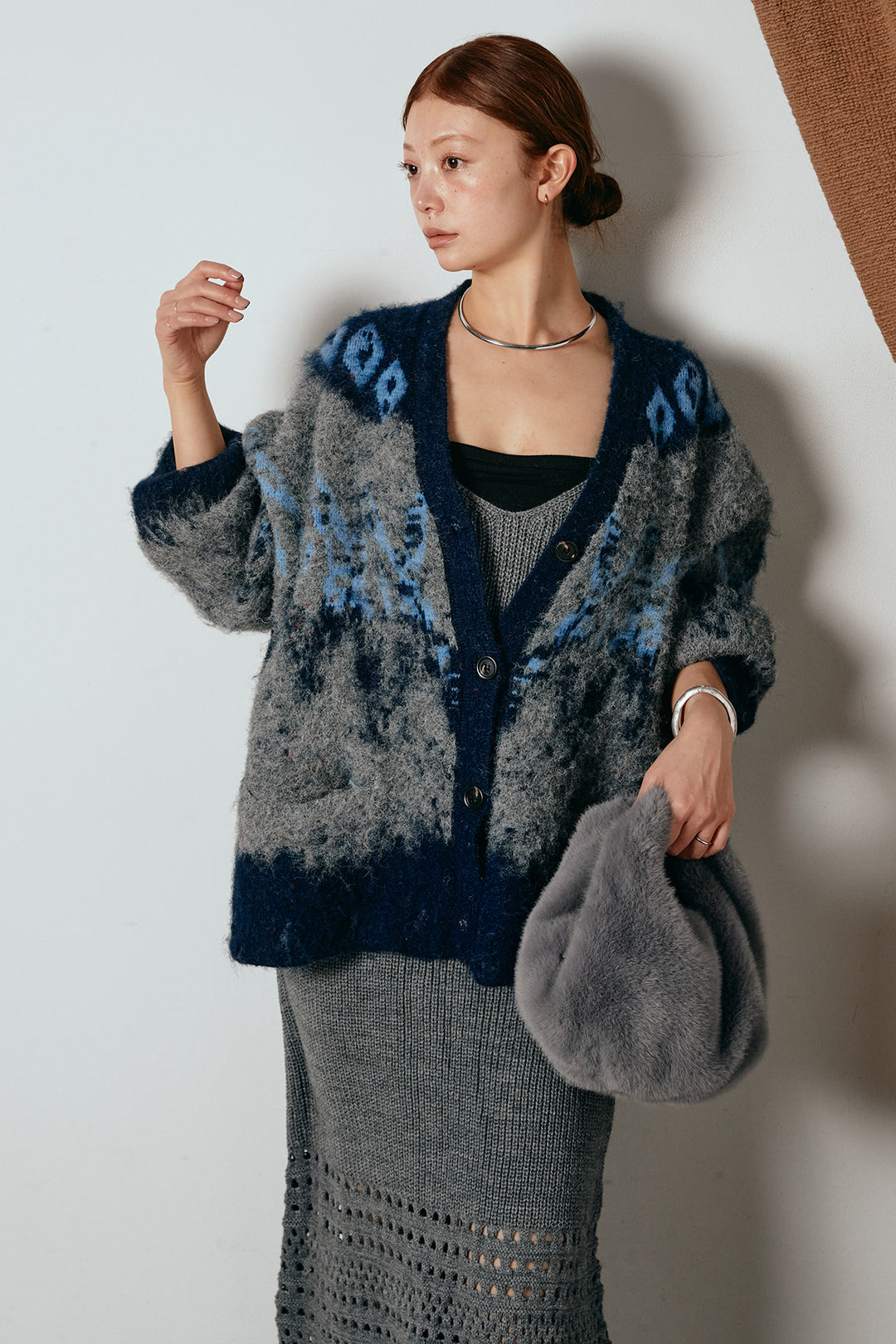 [SET]シャギーニュアンス柄ニットカーディガン+裾透かし編みキャミソールニットワンピース(2set)