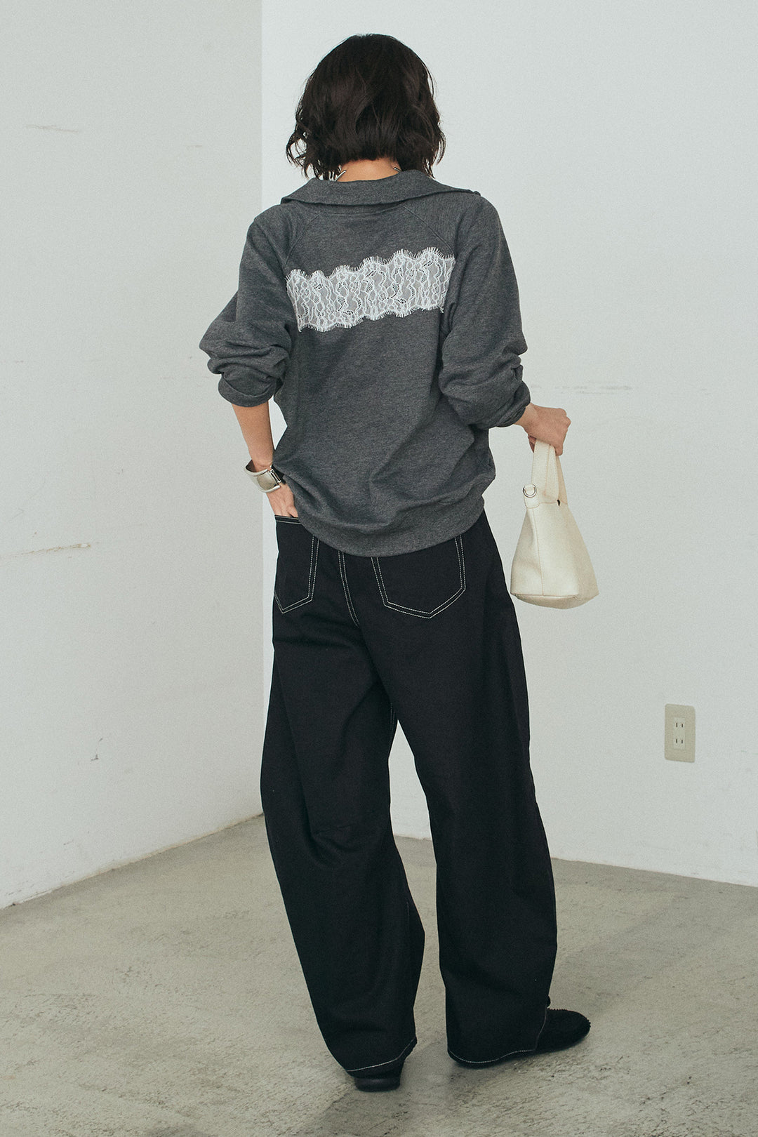 [SET]リバーレースハーフジップ裏毛スウェット+ツイル配色ステッチバレルパンツ(2set)