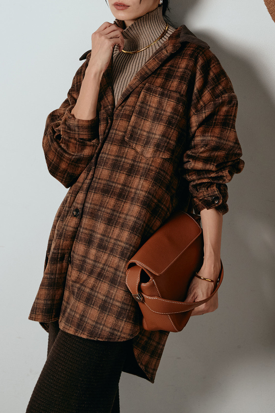 [SET]シャギーチェックシャツジャケット+ワイドリブニットイージーパンツ(2set)