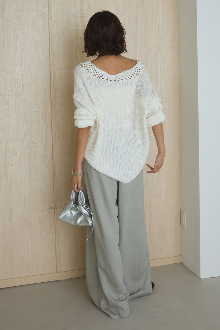 [SET]ネック編みデザインニットトップス+ウエスト折り返しワイドパンツ(2set)