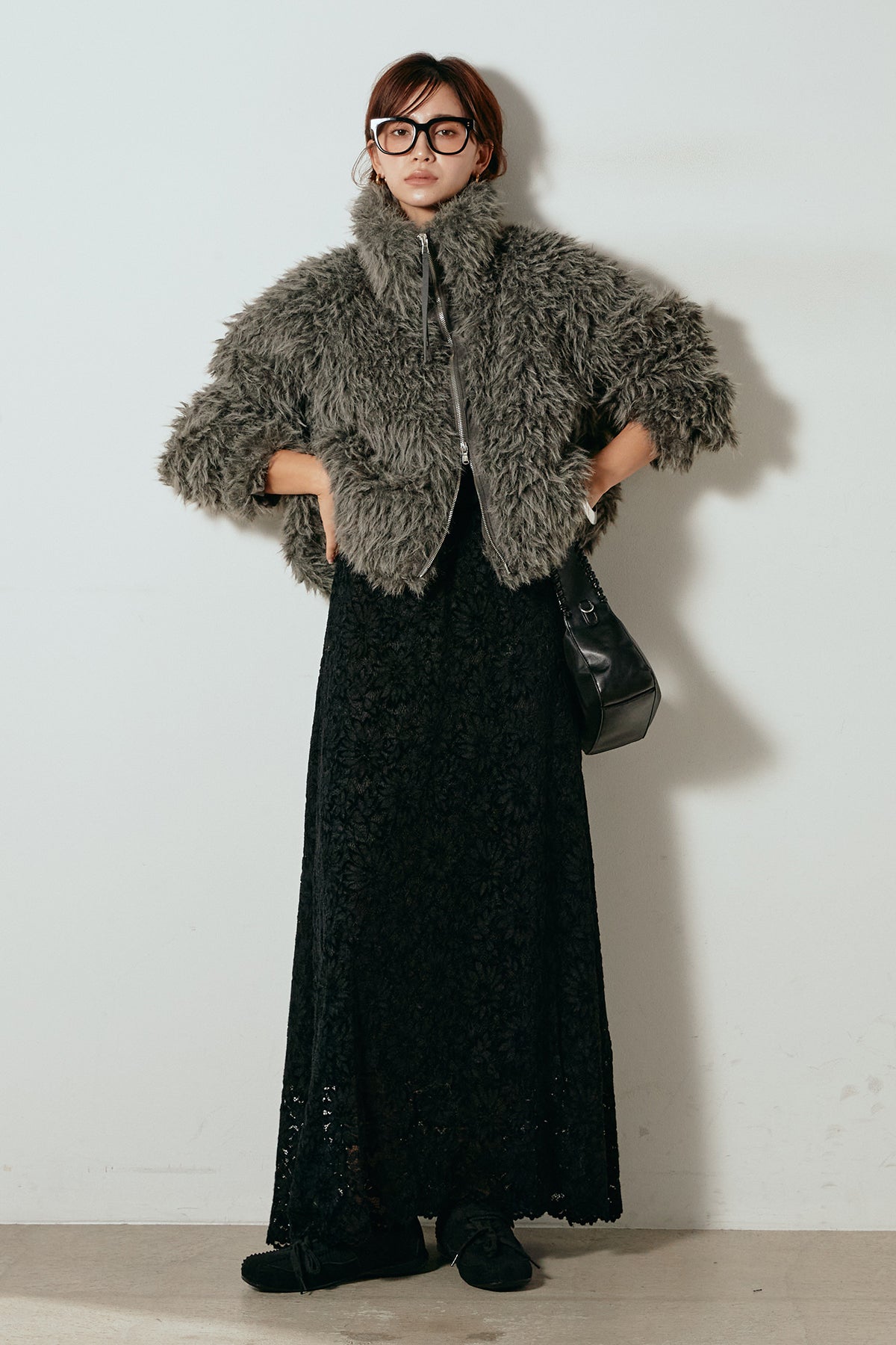 SET]ミックスシープファースタンドブルゾン+花柄刺繍ベロアフレア