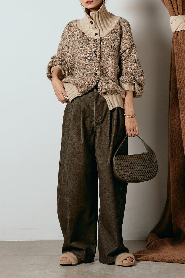 [SET]ハイネックミックスニットカーディガン+フロントタック入りコーデュロイパンツ(2set)