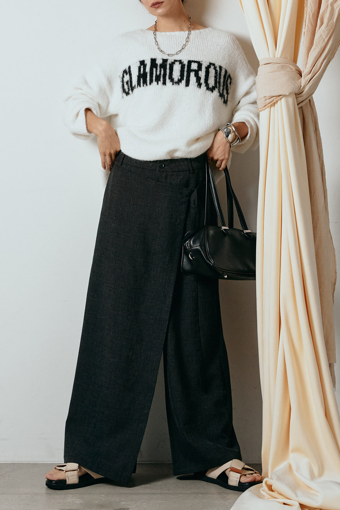 [SET]フロントロゴデザインニットトップス+ラップ巻きワイドスラックス(2set)