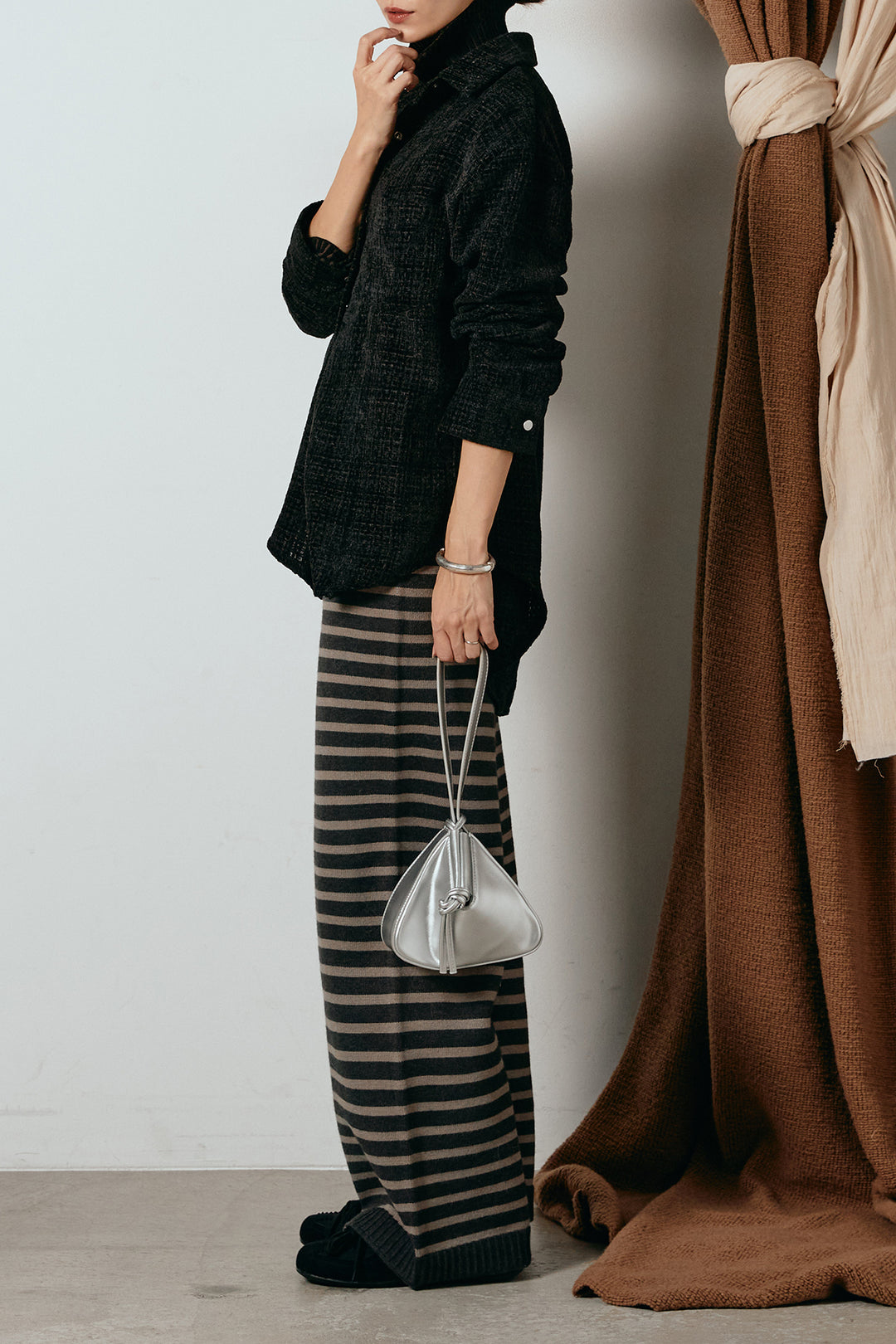 [SET]ルーズクラッシュツイルシャツ+ボーダーリラックスニットパンツ(2set)