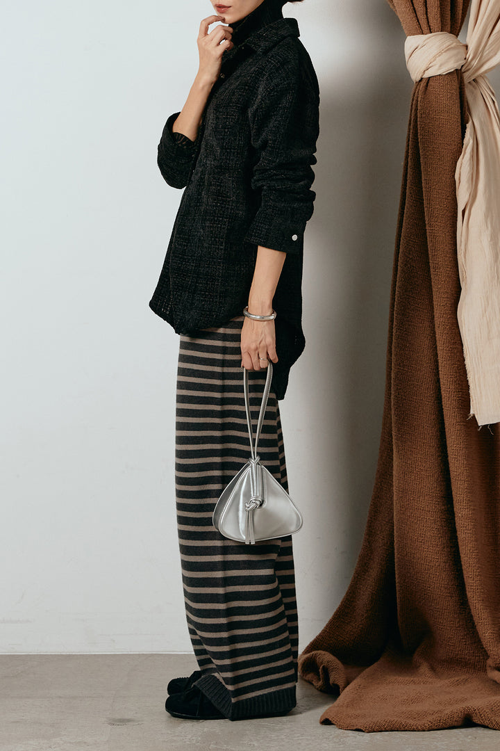 [SET]ルーズクラッシュツイルシャツ+ボーダーリラックスニットパンツ(2set)