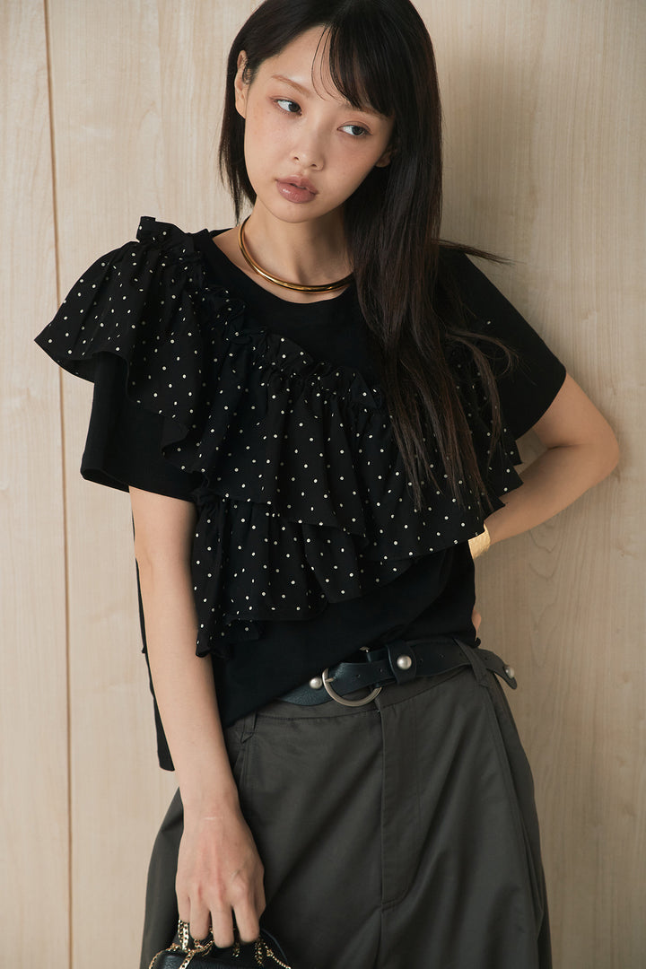 [SET]ドットアシメフリルデザインTシャツ+サークルバックルベルト付きタックワイドパンツ(2set)