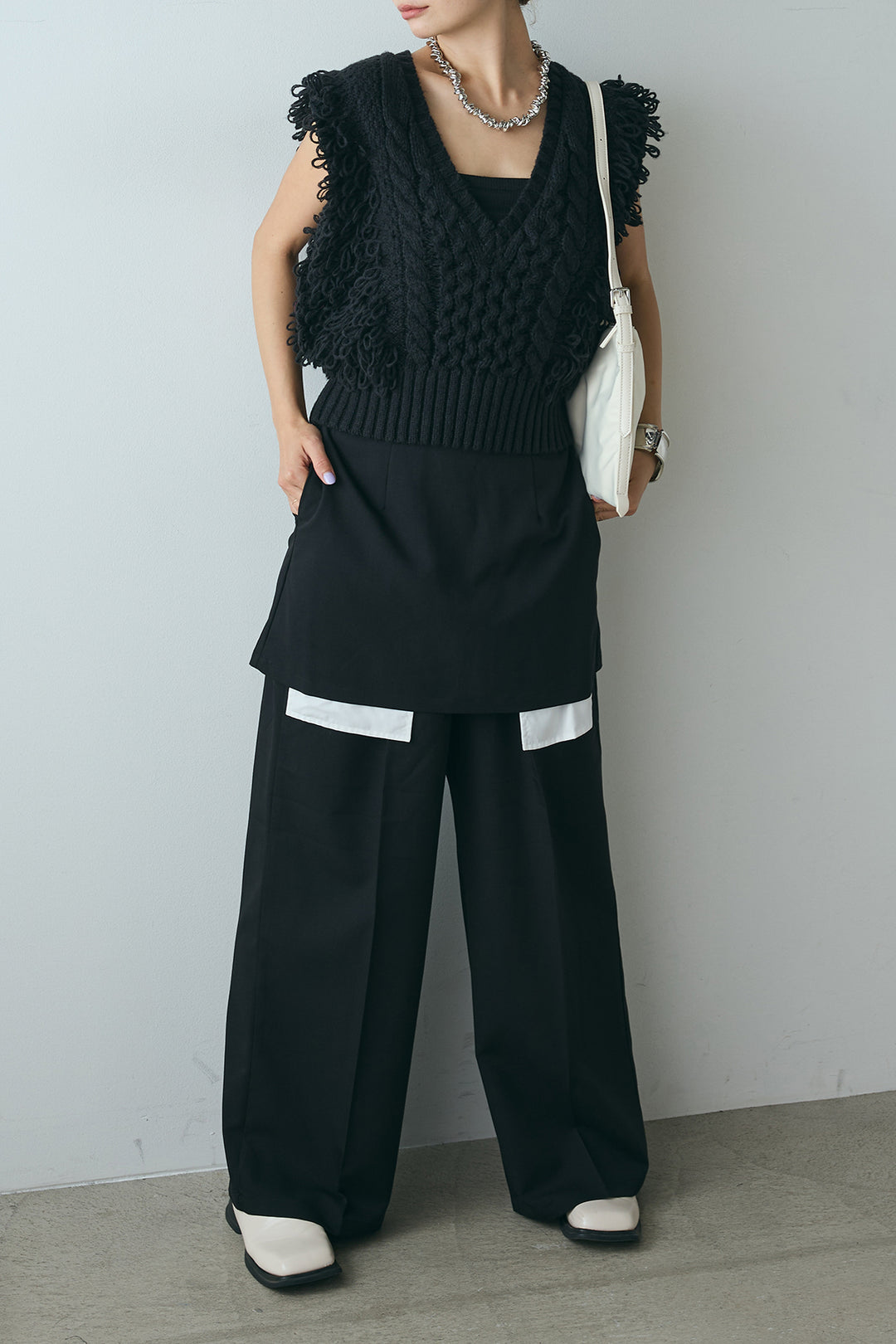 [SET]Vネックループフリンジニットベスト+ストレートパンツ＆ミニスカートセット(2set)