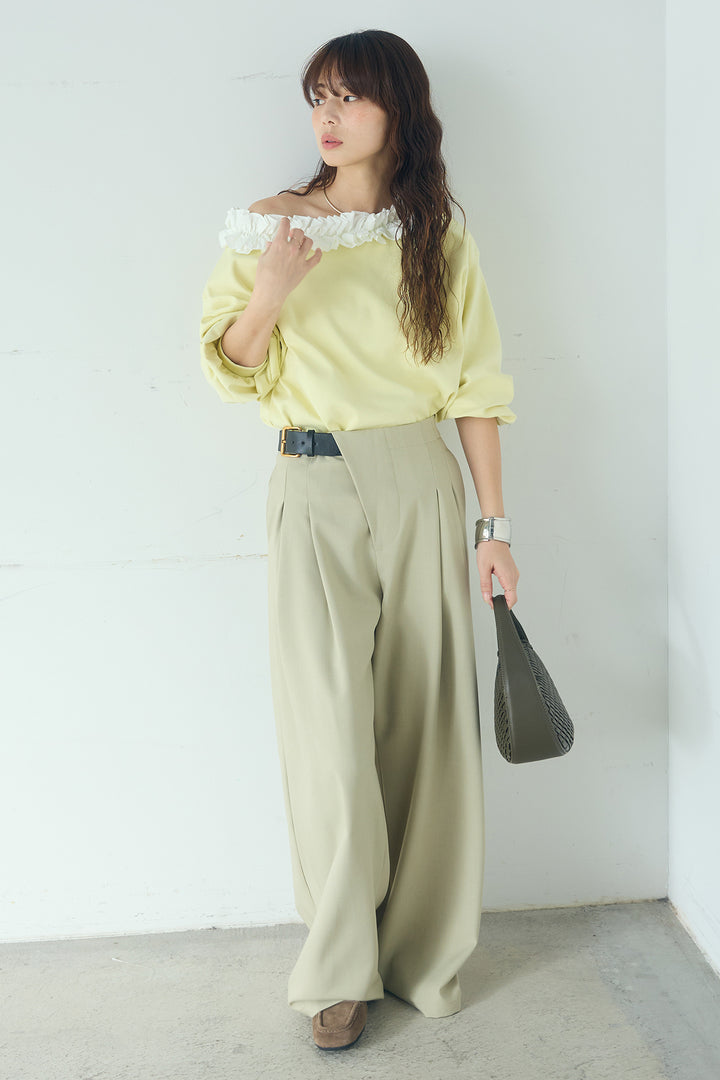 [SET]ネックギャザーフリルスウェット+サイドベルトタック入りスラックス(2set)