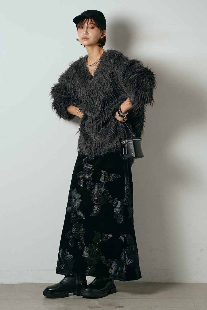 [SET]深Vネックシャギーニットトップス+フラワー刺繍ワイドスカート(2set)