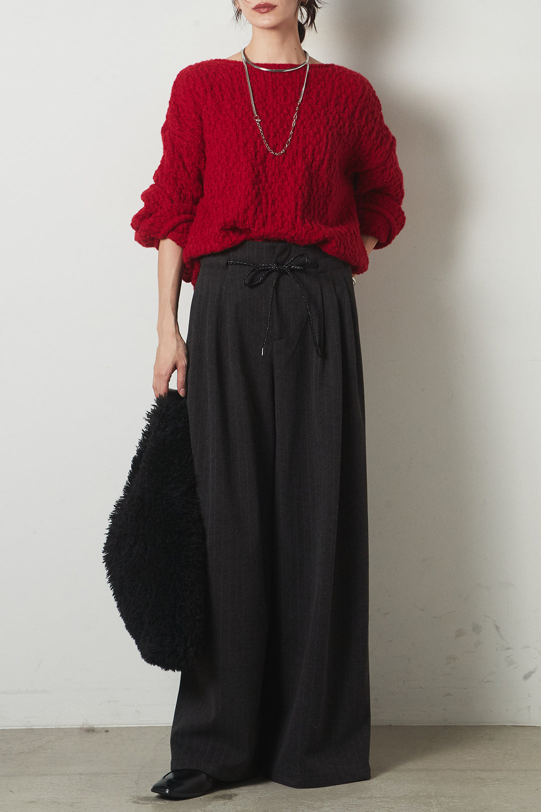[SET]ボリューム編みニットプルオーバー+編みベルト付きピンストライプワイドパンツ(2set)