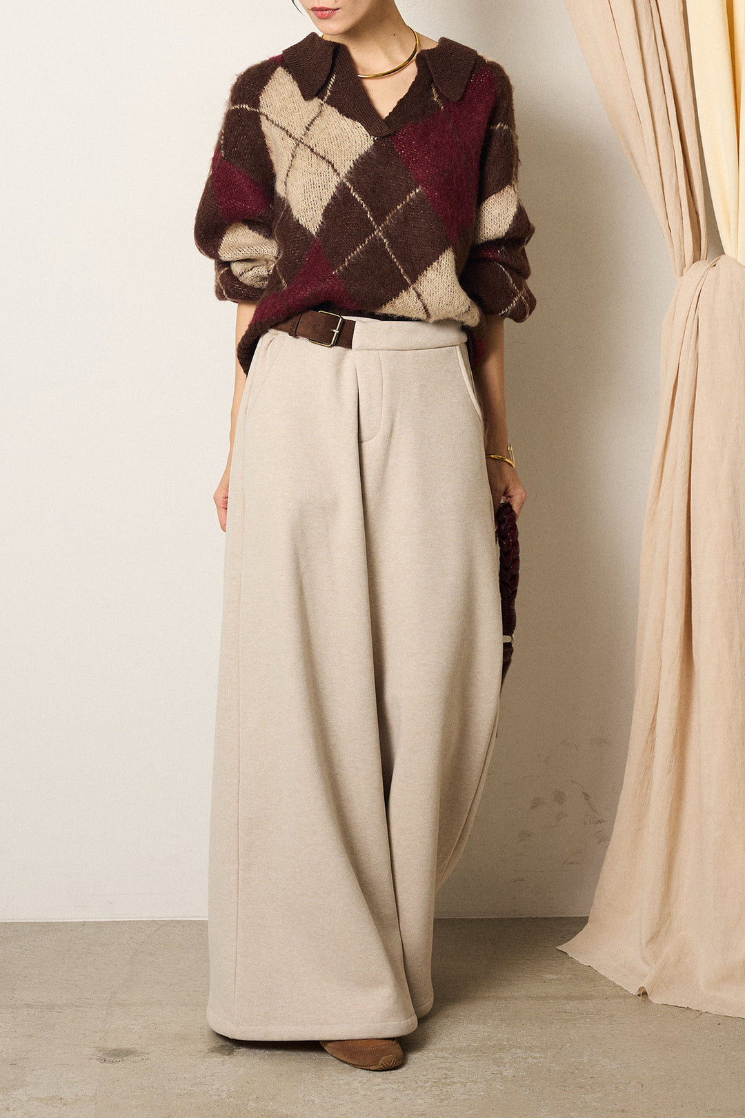 [SET]アクリルモヘアアーガイルキーネックプルオーバー+サイドベルトパンツ(2set)