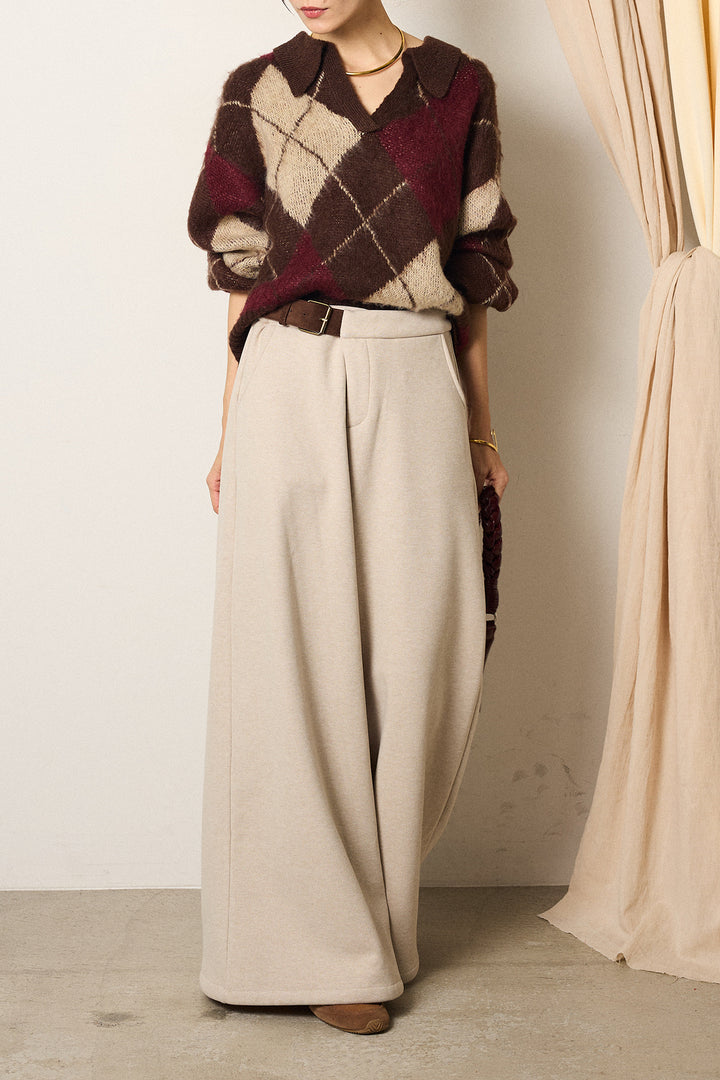 [SET]アクリルモヘアアーガイルキーネックプルオーバー+サイドベルトパンツ(2set)