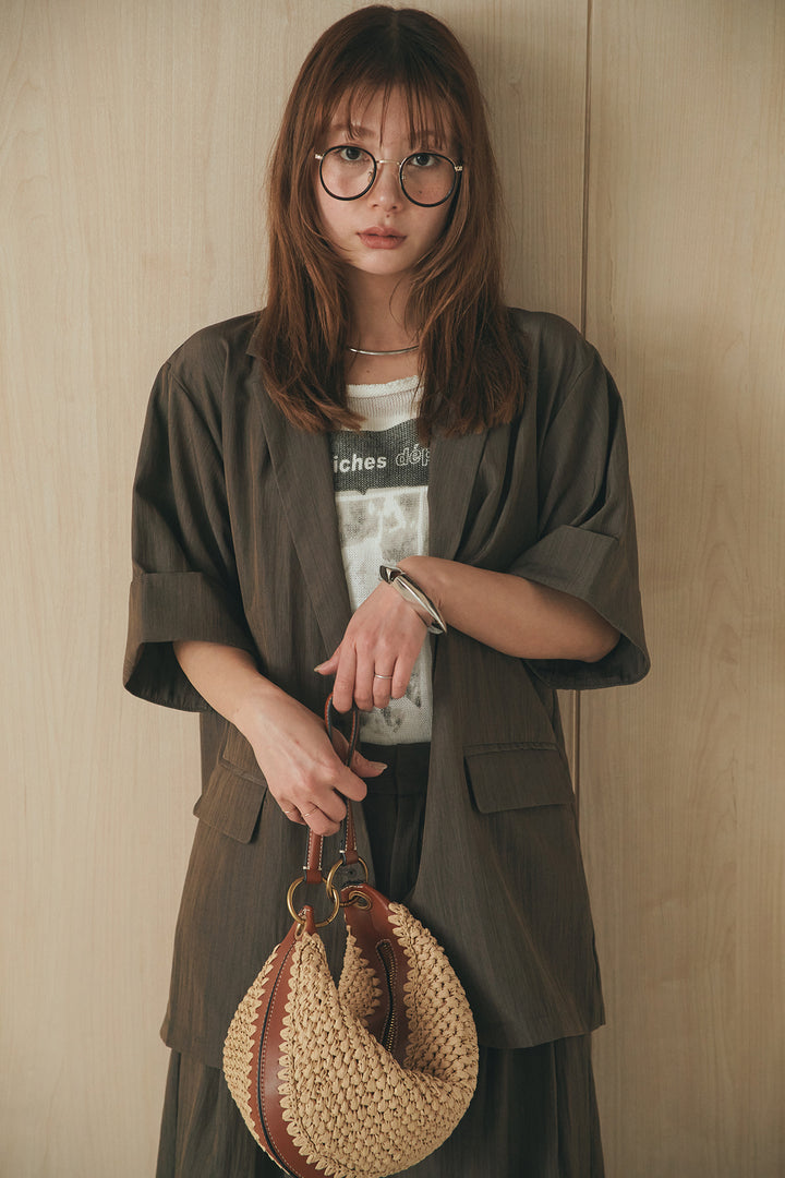 [SET]リネンライクテーラードハーフスリーブジャケット+リネンライク2タックワイドパンツ(2set)