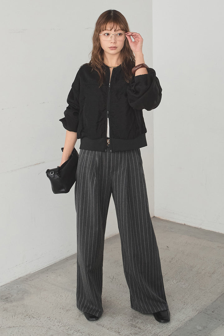 [SET]シアー×ポンチブルゾン+細ベルト付きピンストライプワイドパンツ(2set)