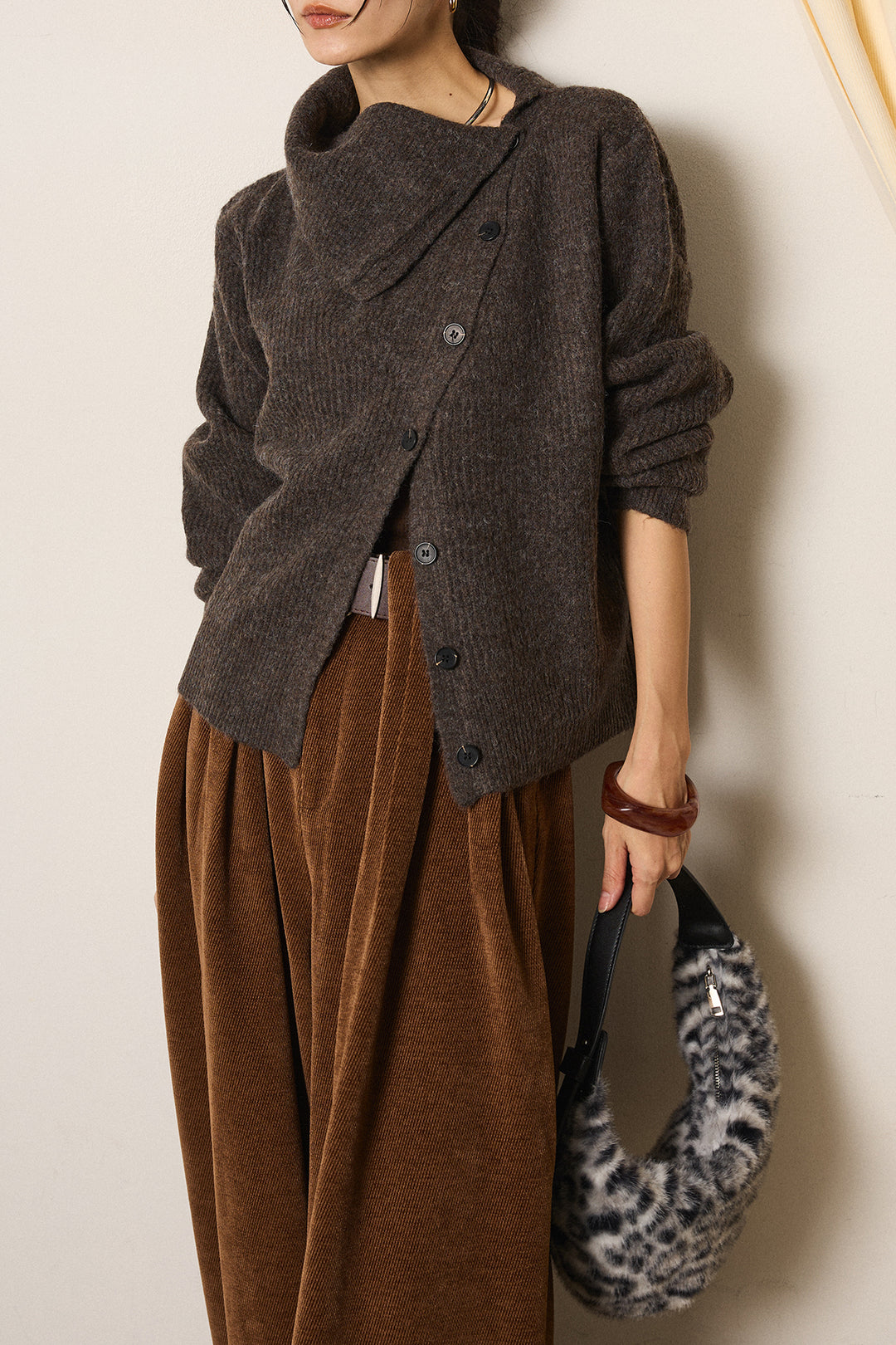 [SET]ボタンデザインネックニットプルオーバー+ベルトループコーデュロイワイドパンツ(2set)