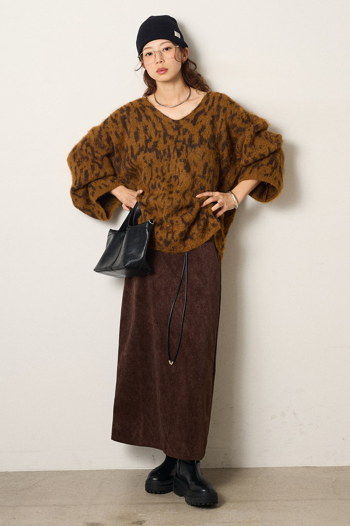 [SET]フラッフィーレオパードシャギーニット+ロープベルト付きスウェード調スカート(2set)