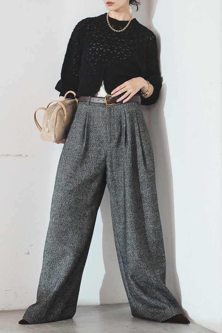 [SET]透かし編みニットジップスリットプルオーバー+タックツイードワイドパンツ(2set)