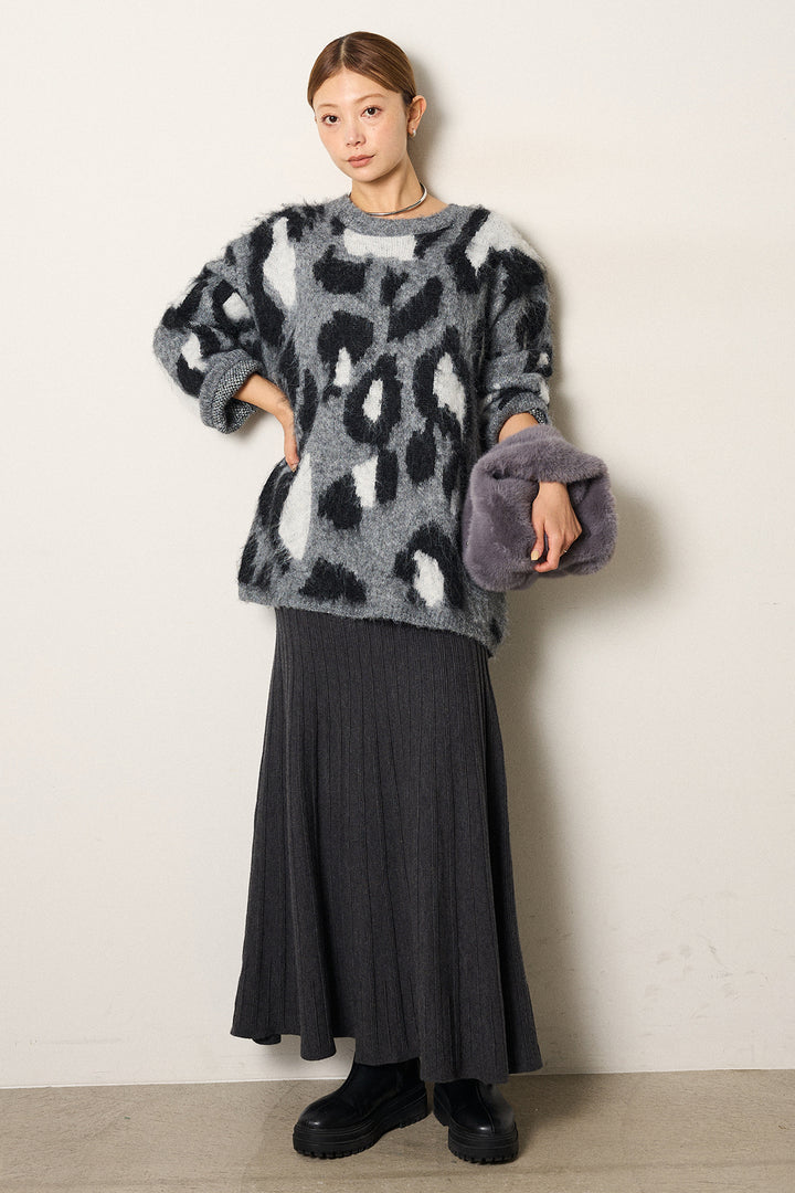 [SET]ルーズアニマルモヘアニットトップス+編み地切り替えフレアニットスカート(2set)