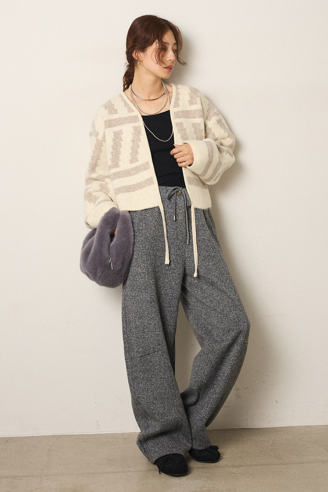 [SET]幾何学柄ノーカラーカーディガン+杢ニットフレアパンツ(2set)