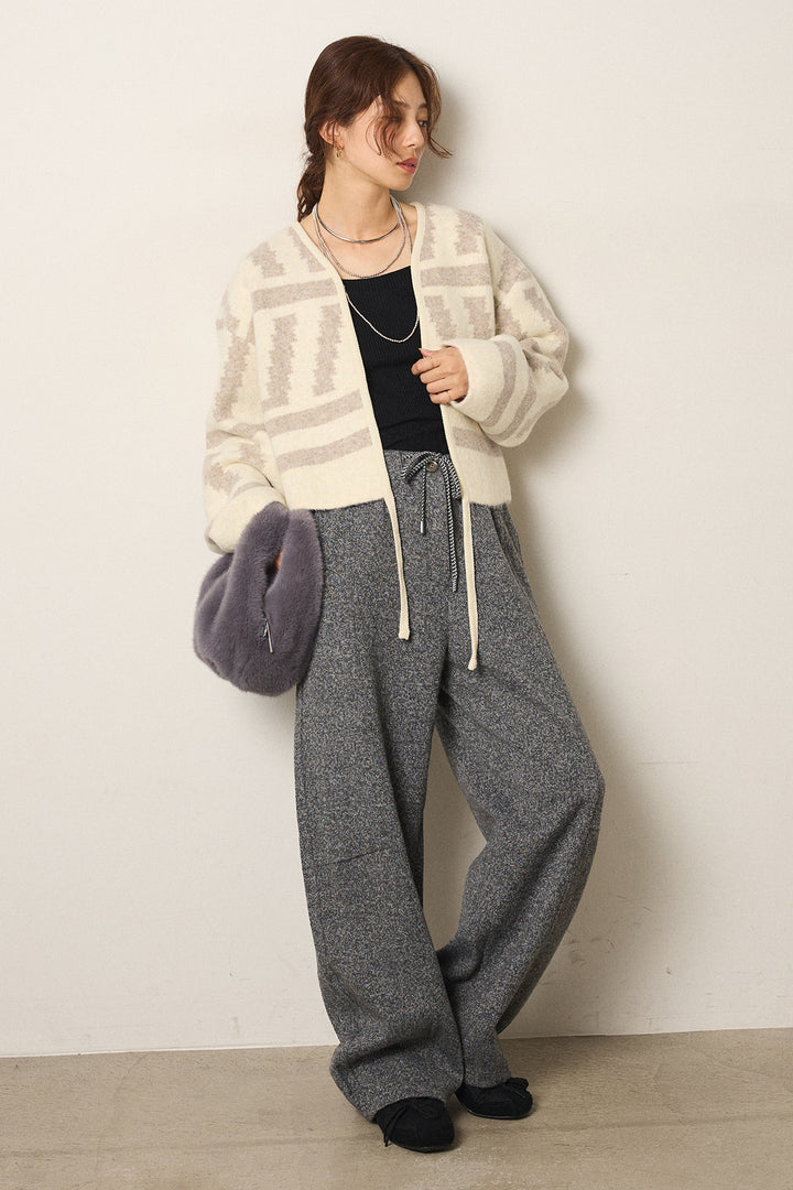 [SET]幾何学柄ノーカラーカーディガン+杢ニットフレアパンツ(2set)