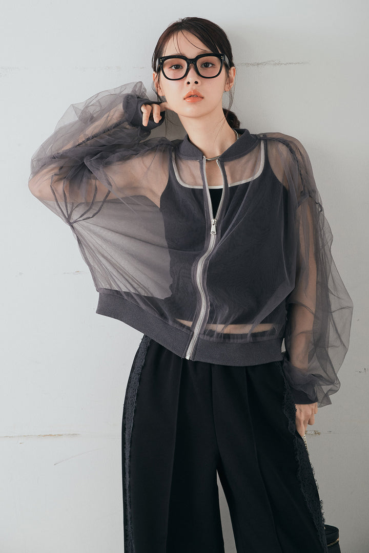 [SET]エアリーチュールスリーブシアーブルゾン+Wフェイスカットソーサイドレースラインパンツ(2set)