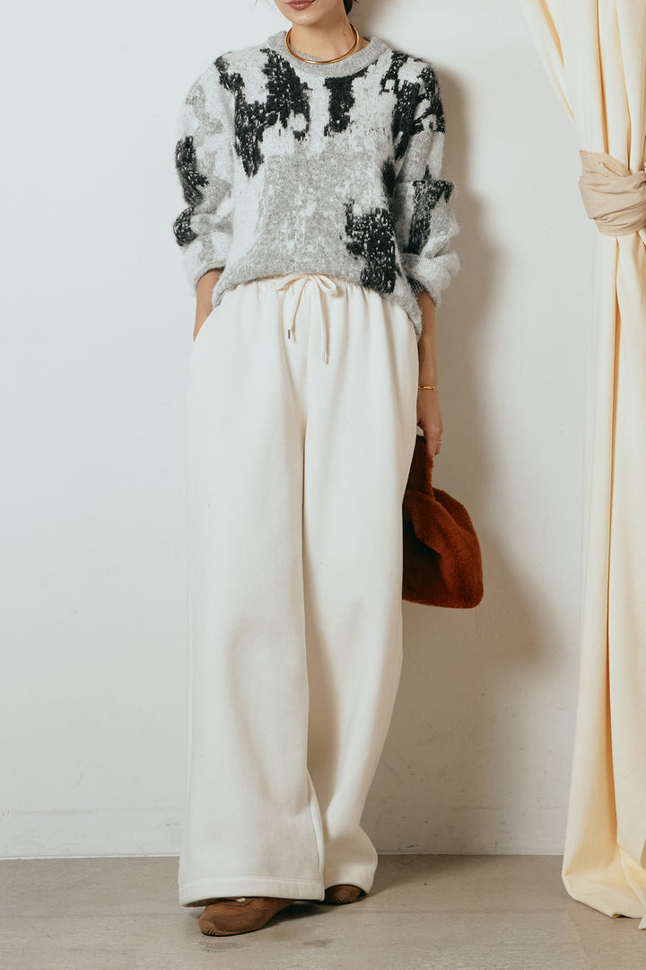 [SET]起毛ニュアンス柄ニットプルオーバー+裏起毛スウェットワイドパンツ(2set)