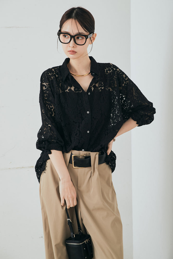 [SET]レース裾スカラップシャツ+ベルトループデザインハイウエストタックパンツ(2set)