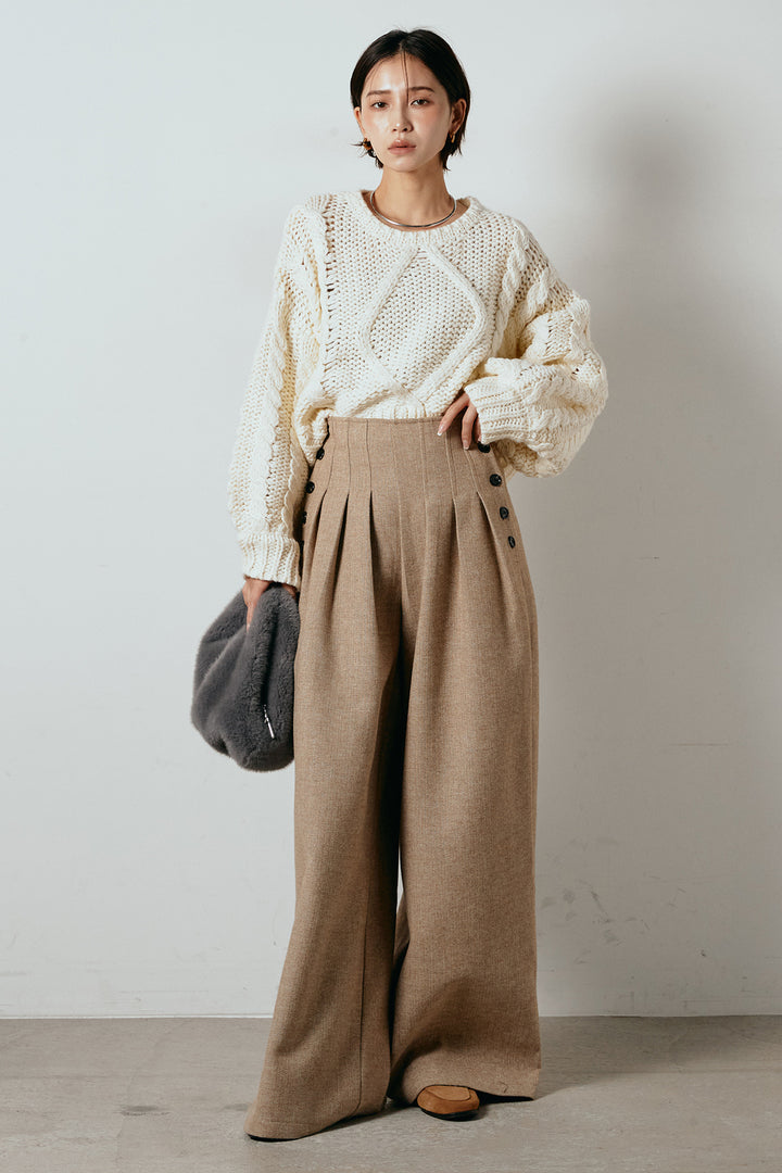 [SET]ロービングケーブルショート丈プルオーバー+サイドボタンツイードタックパンツ(2set)