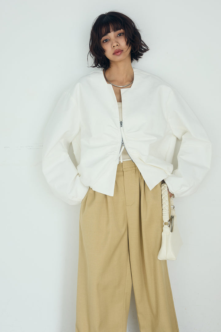 [SET]ノーカラーフロントギャザージップアウター+ツイルメニータックパンツ(2set)