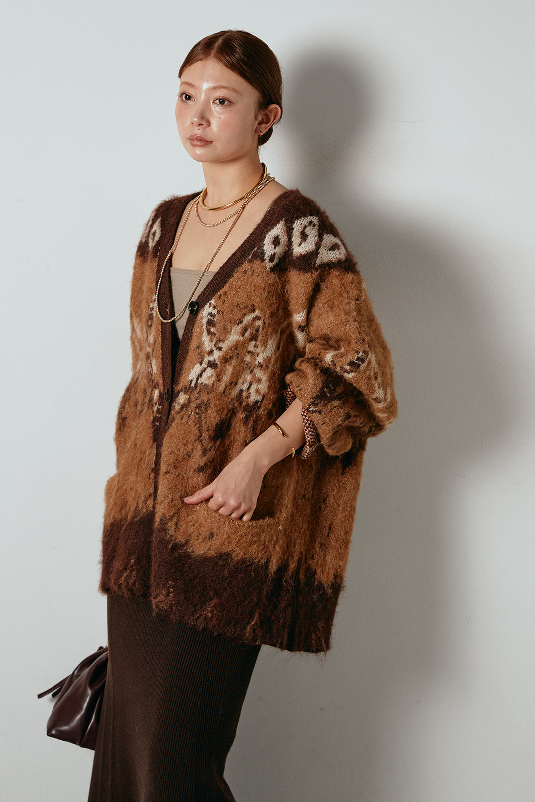 [SET]シャギーニュアンス柄ニットカーディガン+リブナローニットスカート(2set)