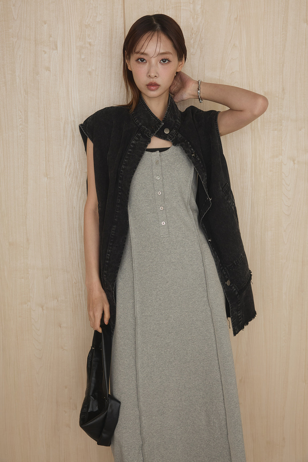 [SET]ケミカルデニムヘムカットオフジレ+ノースリロングワンピース(2set)