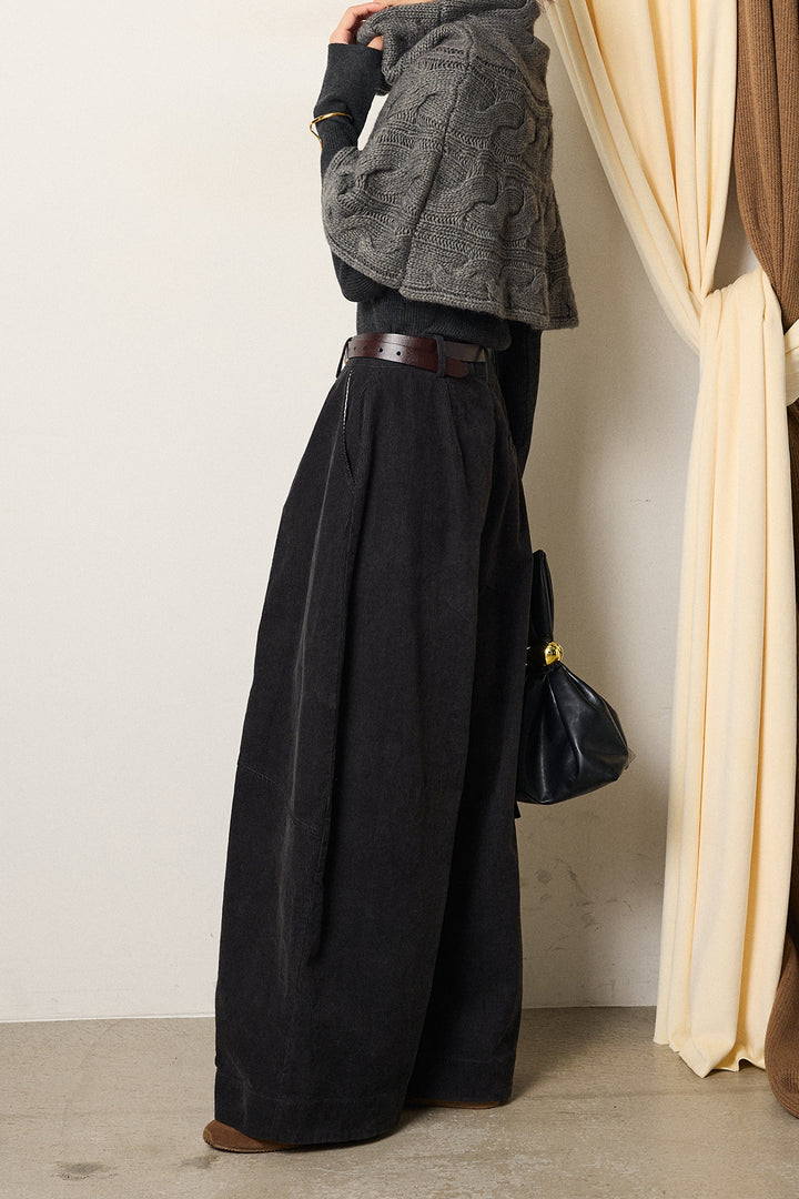 [SET]ケーブル編みケープレイヤードニット+タック入りコーデュロイワイドパンツ(2set)