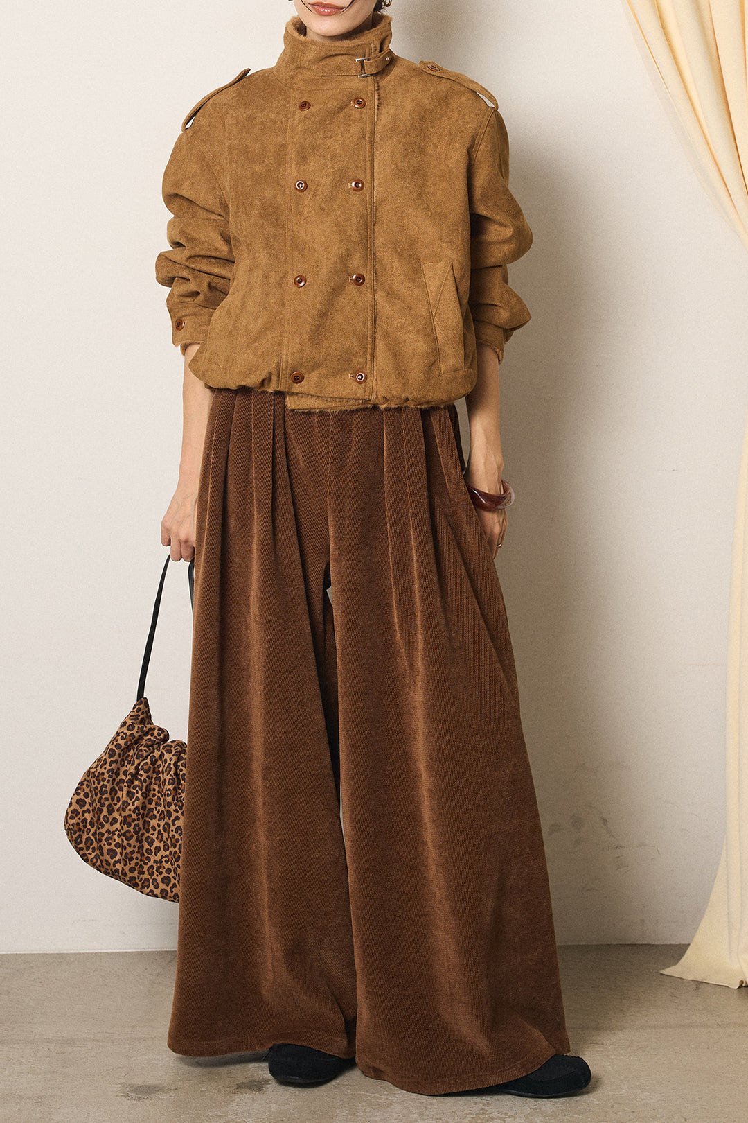[SET]スタンド襟スウェードライクアウター+ベルトループコーデュロイワイドパンツ(2set)