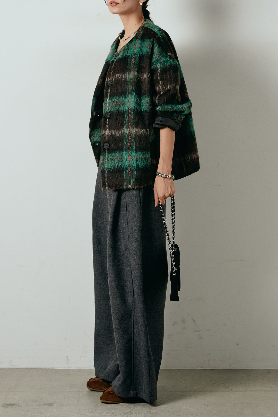 [SET]ノーカラーシャギーチェックアウター+ポーチベルト付きカーブパンツ(2set)