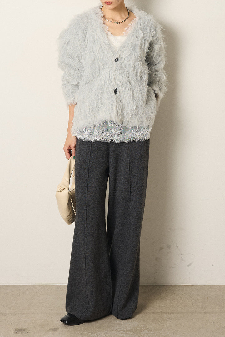[SET]起毛シャギーニットカーディガン+センターラインニットパンツ+レース切り替えキャミソール(3set)