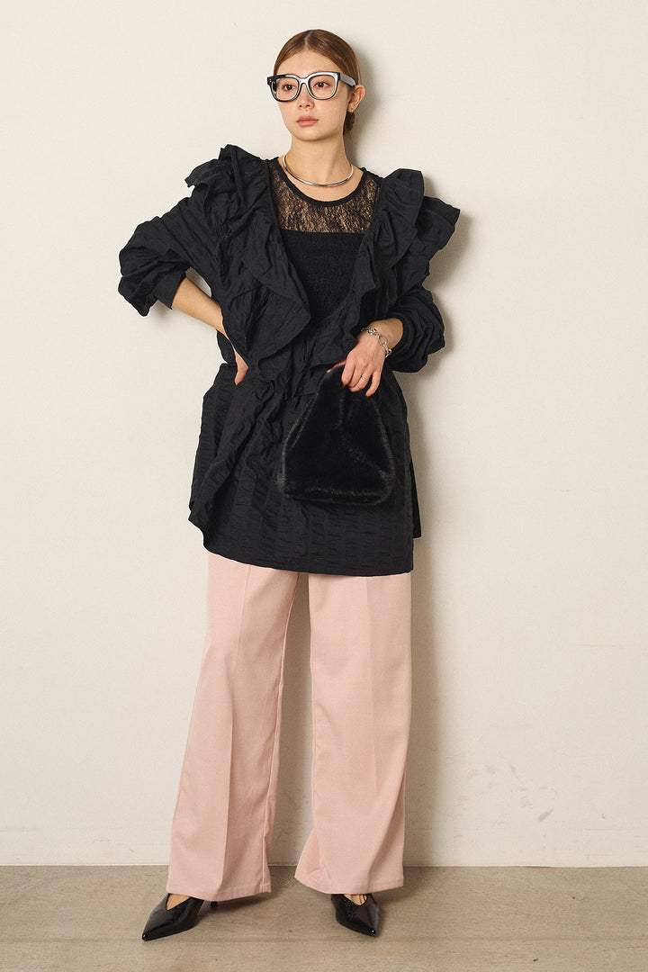 [SET]Vネックフリルカラーブラウス+ツイルスプリングカラータックパンツ+ストレッチレースクルーネックインナー(3set)