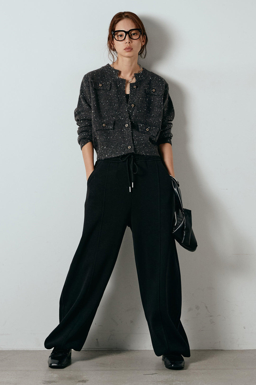 [SET]ネップニットカーディガン+スウェットワイドカーブパンツ(2set)