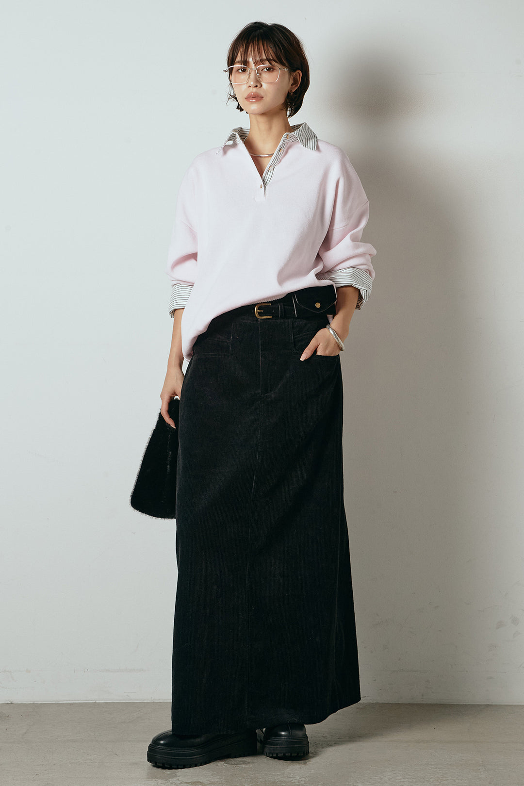 [SET]ストライプシャツドッキングポロトップス+ポーチベルト付きコーデュロイワイドスカート(2set)