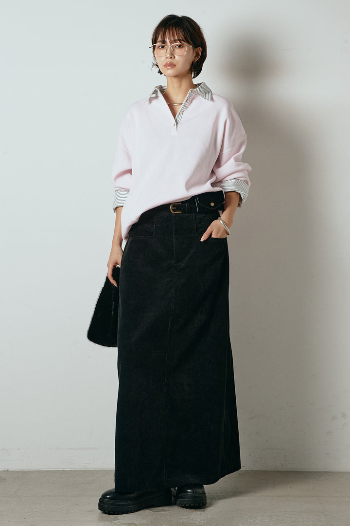 [SET]ストライプシャツドッキングポロトップス+ポーチベルト付きコーデュロイワイドスカート(2set)