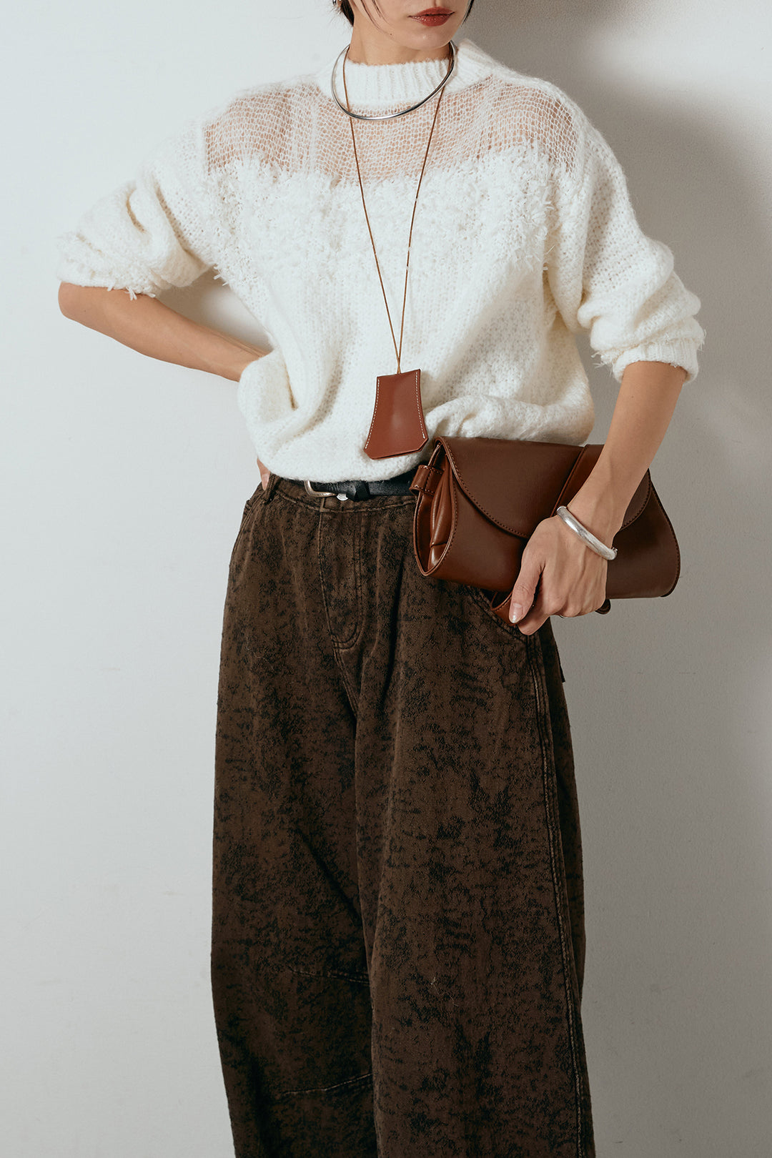 [SET]パターンランダム編みニットトップス+ベルト付きニュアンス柄カーブワイドパンツ(2set)