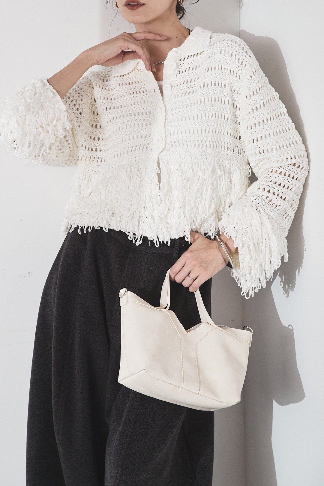 [SET]メッシュフリンジカーディガン+ウールタッチカーブワイドパンツ(2set)